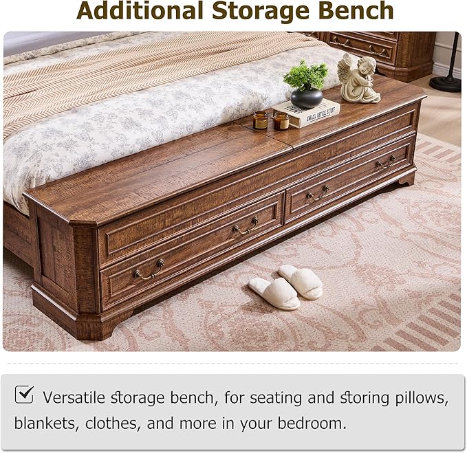 T4TREAM Farmhouse King Bed with Headboard and Storage Bench, Rustic Wood Platform Bed with 80" Storage Chest w/ 4 Large Drawer, Dark Brown