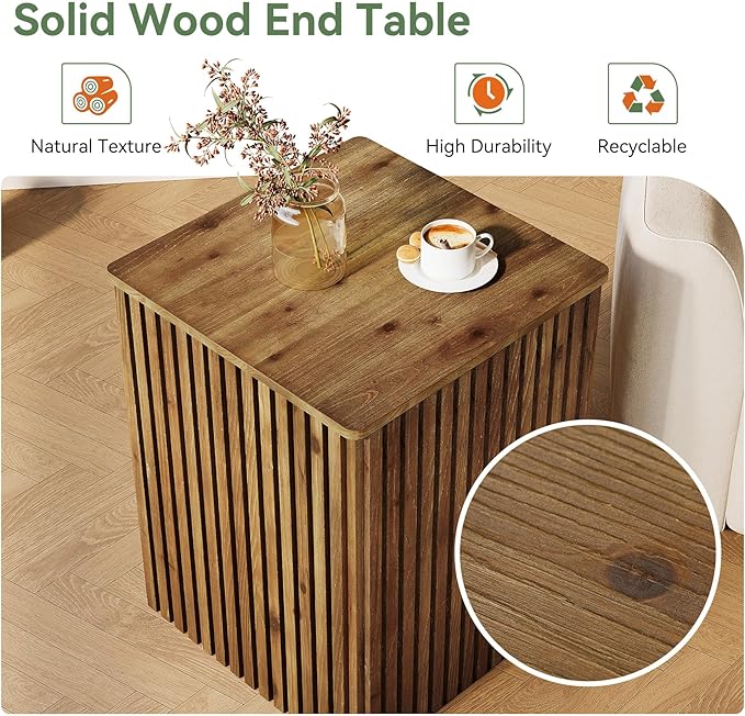 Solid Wood Square End Table with Storage, Fluted Side Table for Living Room, Mid-Century Modern Bedside Nightstand with Removable Lid for Bedroom, Small Spaces (1 PC, Rustic Brown)
