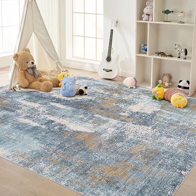 Area Rug Living Room Rugs - 6x9 Washable Soft Indoor Neutral Modern Abstract Low Pile Rug Carpet for Bedroom Dining Room Farmhouse Home Office - Blue Brown