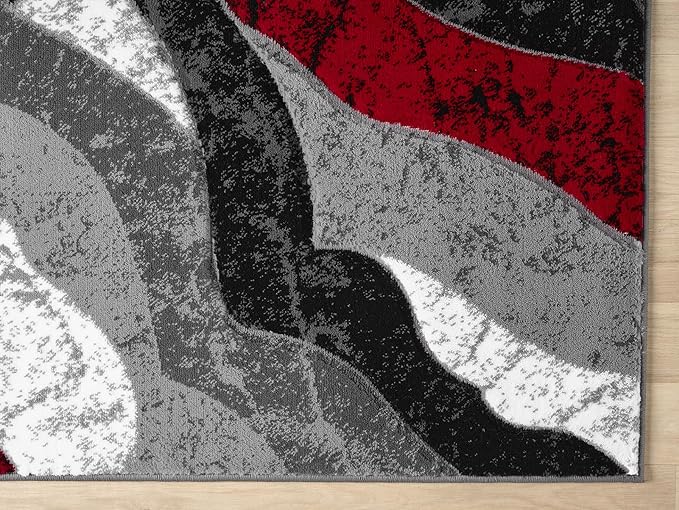 Modern Abstract Area Rug Hand Carved Contemporary Geometric Swirls Vibrant Colors Carpet for Living Room Bedroom Design PR1002 (Red, 8' x 10')
