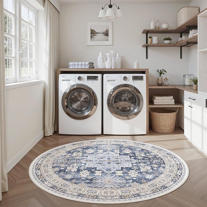 zesthome Washable Round Area Rugs - Non-Slip 6ft Round Rugs, Ultra-Thin Large Circle Rugs for Living Room, Soft Low Pile Rug for Bedroom, Kitchen, Nursery - Vintage Stain Resistant Round Rug