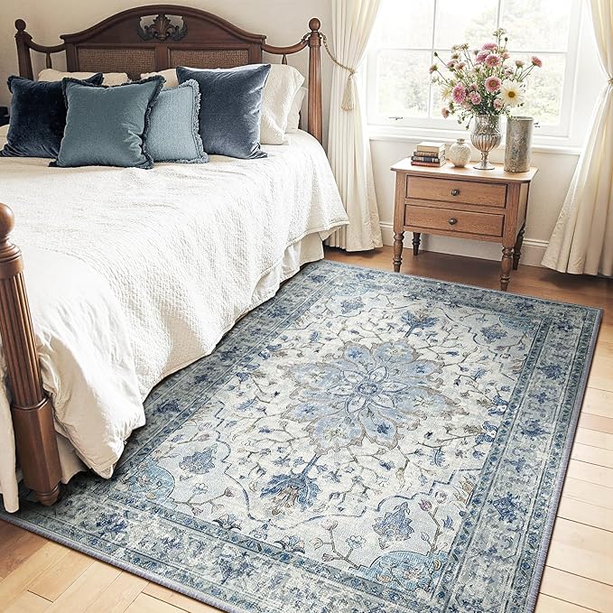 Area Rugs 5'x7' Washable Non-Slip, Floral Vintage Distress Print Pattern Medallion Carpet for Living Room Bedroom Dining Room, Light Blue Navy Beige Gray White