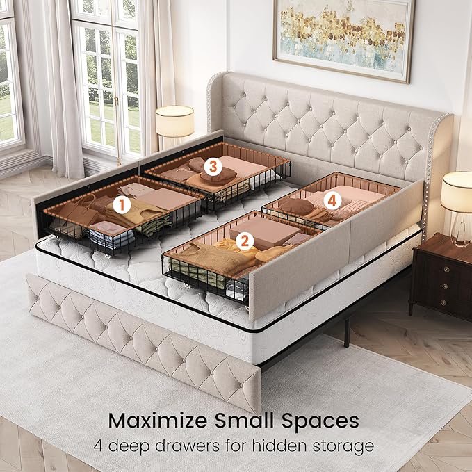 LARMACE King Size Bed Frame with 4 Storage Drawers and Tufted Headboard Linen Upholstered Platform Bed Frame Wingback Beds with Wooden Slats Support, Easy Assembly, Beige