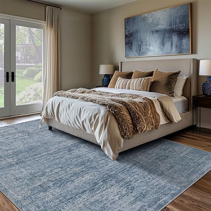 Area Rug Living Room Rugs - 8x10 Washable Large Soft Indoor Neutral Modern Abstract Low Pile Rug Carpet for Bedroom Dining Room Farmhouse Home Office - Dark Blue