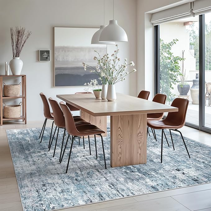 9x12 Area Rugs for Living Room, Abstract Non Slip Machine Washable Vintage Rugs, Low Pile Lightweight Large Rug for Bedroom, Dining Room, Home Office Blue