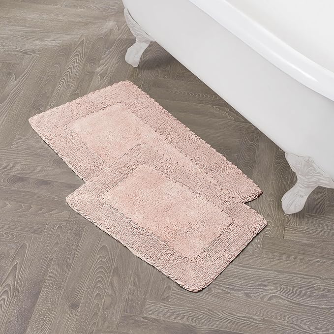 Laura Ashley Ruffle Border 100% Cotton Bath Rug Set, Blush Pink, 17" x 24"/ 20" x 32"