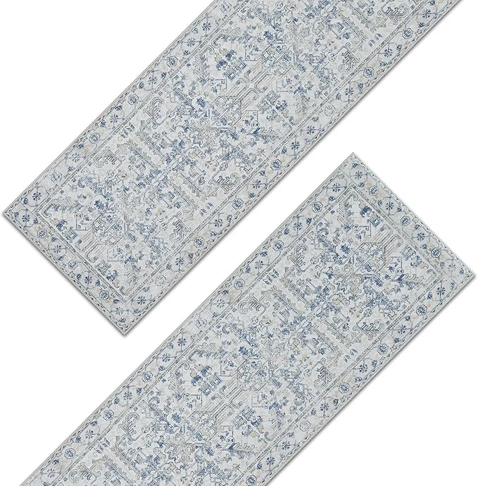 jinchan Lima Kitchen Runner Rug 3x8-2pcs, Bohemian Hallway Washable Rug Floral Non Slip with Rubber Backing Vintage Carpet Runner for Bedroom Bathroom Laundry Room Living Room Decor Blue
