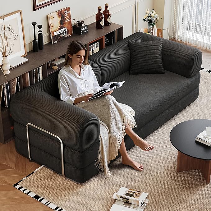 79" Convertible Sofa Bed, Corduroy Folding Pull Out Couch with Pillows, No Assembly Modern Boneless Couch Compression Sofa in Box, Floor Sofa with Support Rods for Living Room,Black