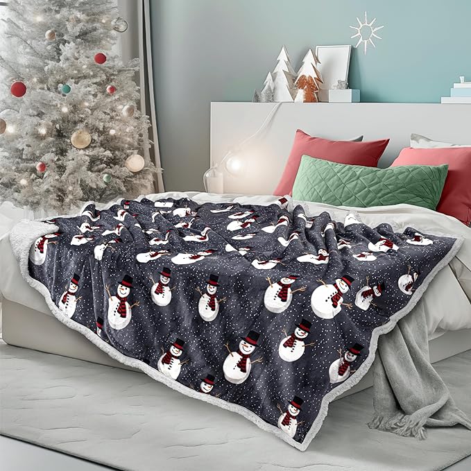 PAVILIA Premium Christmas Sherpa Throw Blanket, 60x80, Grey Snowman Cozy Fleece Holiday Blanket, Reversible Plush Winter Throw for Couch & Bed, Ultra Soft Warm Christmas
