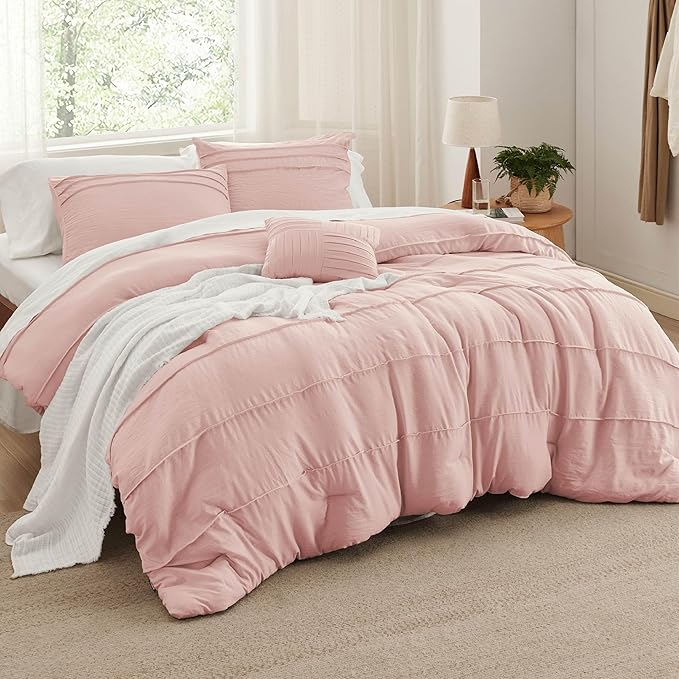 Bedsure Twin Comforter Set - 3 Pieces Pinch Pleat Bed Set, Light Pink Boho Bedding for All Season, 1 Soft Comforter, 1 Pillowcase, 1 Decorative Pillow