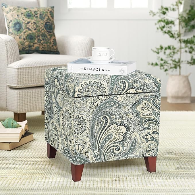 Adeco 18 Inch High Cube Ottoman Storage, Paisley Linen Chair Foot Stools, Upholstered Vanity Stool with Hinged Lid, Solid Wood Legs