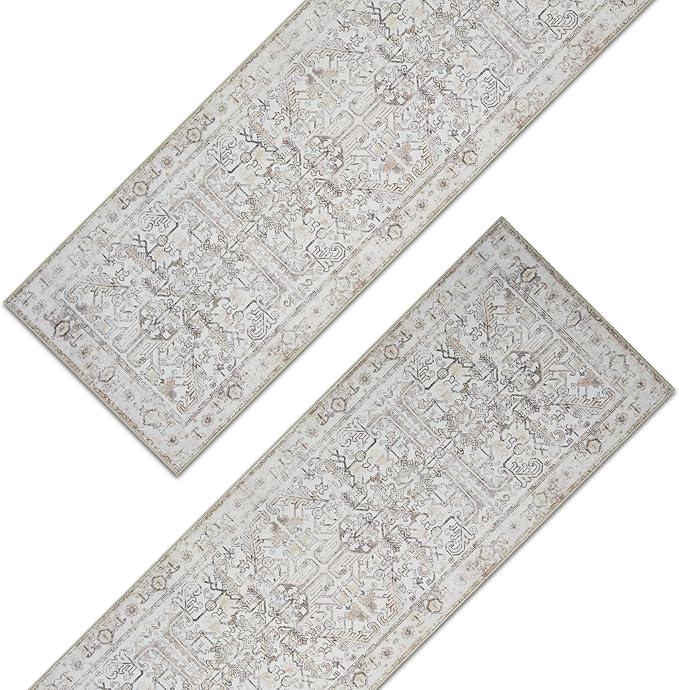 jinchan Lima Kitchen Runner Rug 2x8-2pcs, Bohemian Hallway Washable Rug Floral Non Slip with Rubber Backing Vintage Carpet Runner for Bedroom Bathroom Laundry Room Living Room Beige
