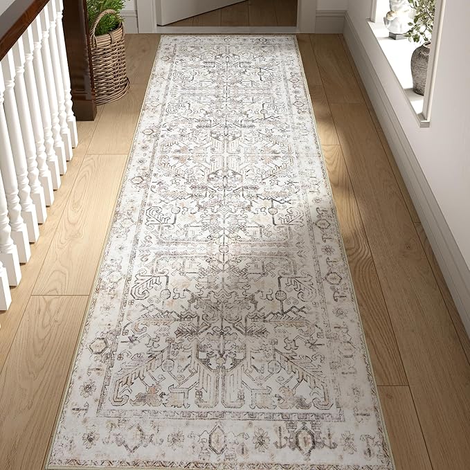 jinchan Lima Hallway Runner Rug 2x8 Washable - Vintage Floral Non Slip Low-Pile Soft Ultra-Thin Faux Wool Kitchen Rug Distressed Carpet Runner for Farmhouse Bedroom Laundry (2x8ft, Taupe)