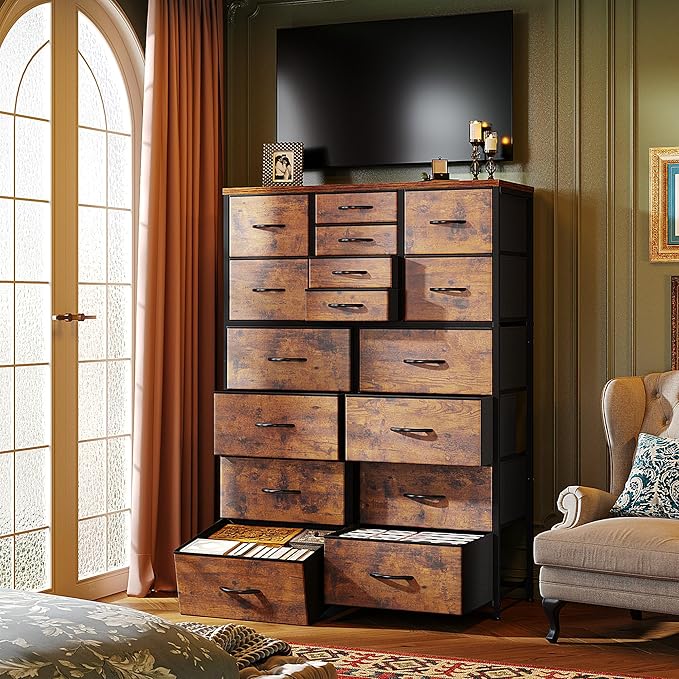 57“H Dresser for Bedroom with Multiple Drawers, Fabric Dressers & Chests of Drawers for Bedroom,Large Dresser, Sturdy Metal Frame & Wood Top,Entryway, Hallway(Rustic Brown)