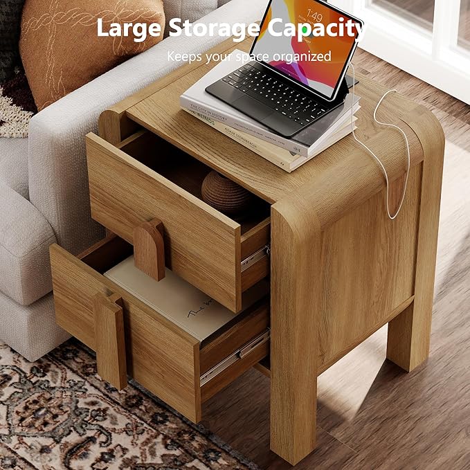 WAMPAT 23.7" Tall Modern Nightstands Set of 2, Wood Nightstand with Charging Station, Bedside Table w/2 Storage Drawers, Curved Profile Design, Sofa Side Table Accent Table for Bedroom, Light Walnut
