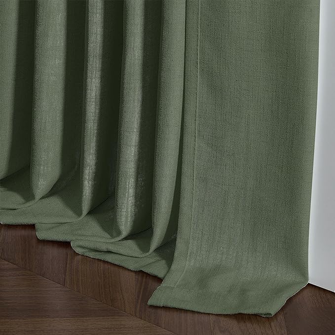 108 Inch Linen Pleated Curtains 2 Panels Set for Living Room Bedroom Farmhouse Cotton Rustic Farmhouse Back Tab Memory Trained Pinch Pleat Window Curtain Olive Green 108 Inch Length for Office 9FT