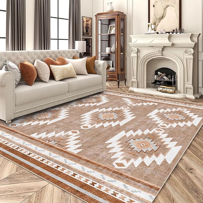 5x7 Area Rugs - Ultra-Thin Washable Rug with Non-Slip Backing, Ideal for Living Room, Bedroom, Kitchen Floor Carpet - Western Style, Easy Clean, Durable, Camel