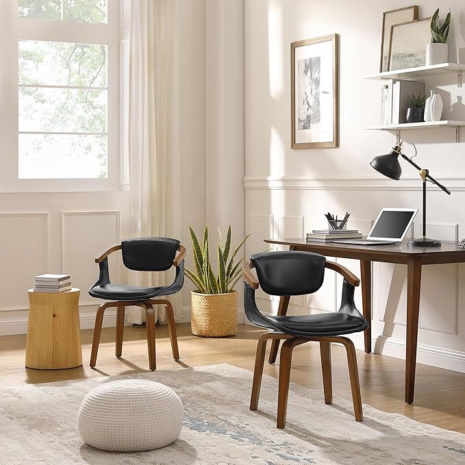 Art Leon Desk Chair No Wheels, Mid Century Modern Swivel Accent Chair, Faux Leather Home Office Desk Chair for Small Spaces Living Room Bedroom, Gray