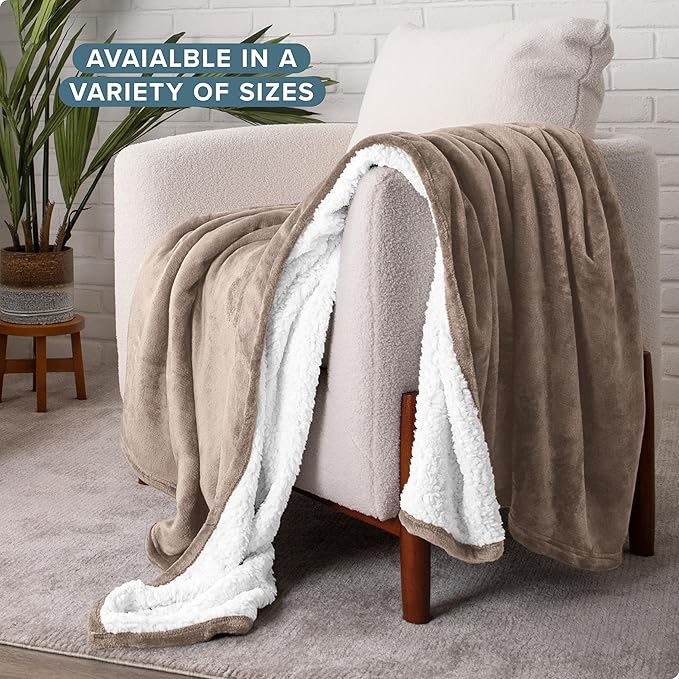 Bare Home Sherpa Fleece Blanket - Throw/Travel Size - Blanket for Bed, Sofa, and Couch - Warm & Lightweight - Fluffy & Soft - Reversible (Throw/Travel, Taupe)