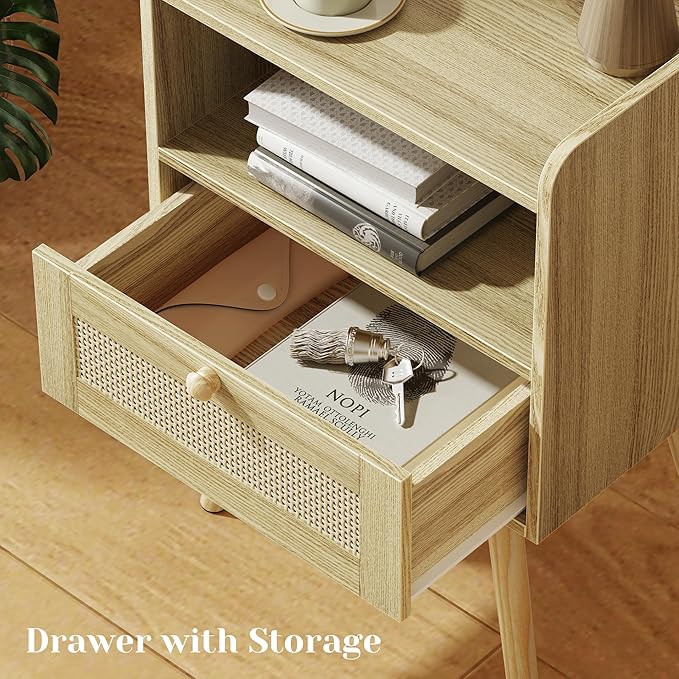 SUPERJARE Nightstand with Charging Station & Rattan-Like Decor Drawer, Rattan End Table with Solid Wood Feet, Bed Side Table with Open Storage, for Bedroom, Living Room, Dormitory - Natural