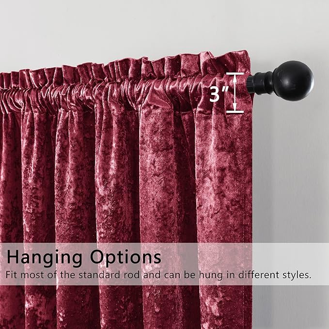 SMILETIME Burgundy Red Crushed Velvet Curtains 52x84inch Rod Pocket Luxurious Thermal Insulated Soundproof Drapes Soft and Durable Light-Filtering Window Treatments for Living Room Bedroom, 2 Panels