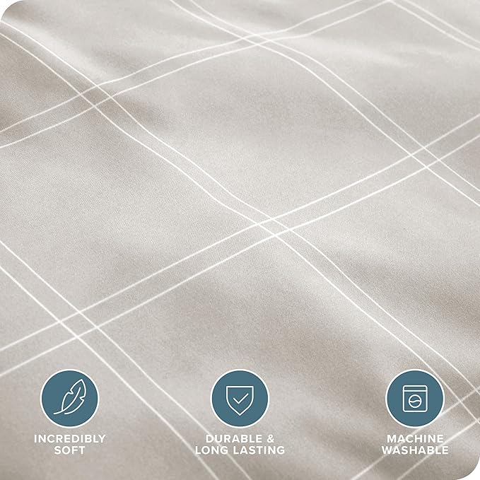 Bare Home Bedding Duvet Cover Extra Long Size - Premium 1800 Super Soft - Lightweight, Duvet Cover - Soft Textured Bedding (Twin/Twin XL, Modern Plaid - Stone/White)