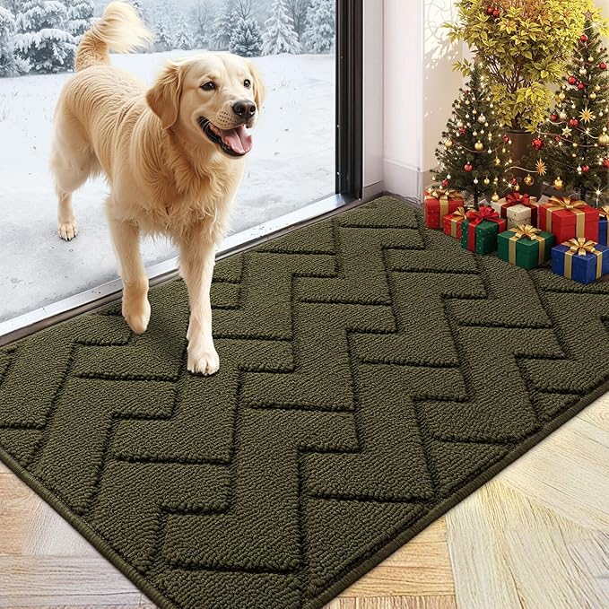 hicorfe Front Door Mat Outside Entrance,24"x35" Absorbent Muddy Dirt Resist Welcome Door Mats Outdoor Indoor,Stain and Fade Resistant,Non Slip Backing Entry Mat Doormat for Entryway (Oliver Green)