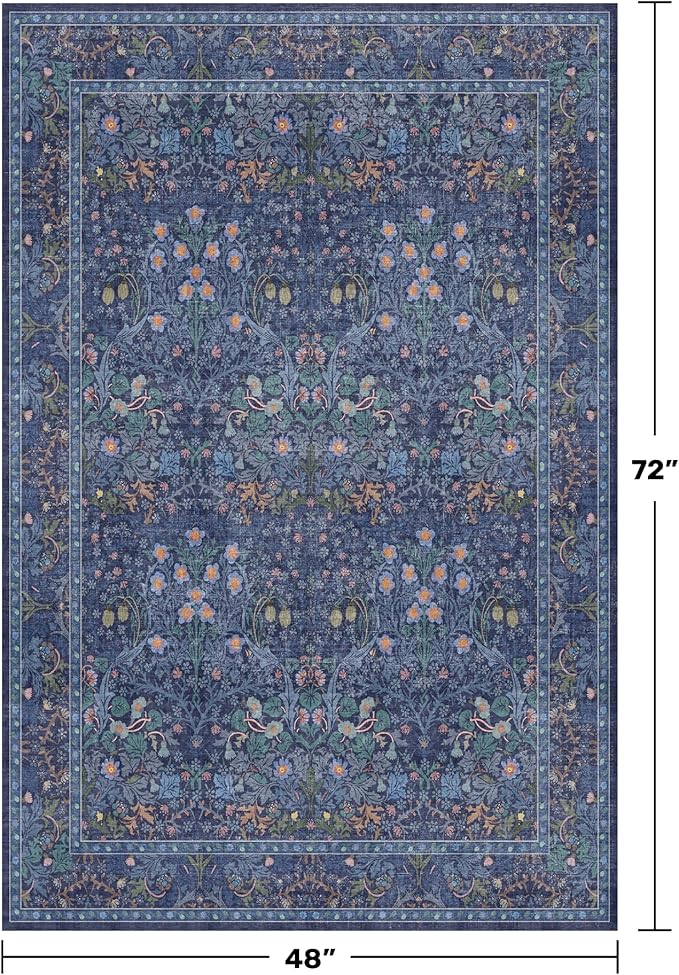 Vintage Dark Blue 4x6 Area Rugs for Large Entryway, Bedroom Beside Rug, Kitchen, Mudroom, Non-Slip Low Pile Ultra Soft Stain Resistant Small Floral Carpet