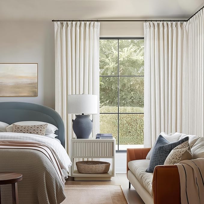 Extra Wide 60 Inch Width Pinch Pleated Curtains 96 Inch Length for Living Room Thick Linen Boho Curtain Memory Shape Light Filtering Privacy for Bedroom Large Windows Hooks Rings Cream 1 Panel 60x96