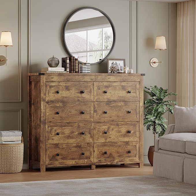 Tall 8-Drawer Dresser, Modern Wooden Storage Chest of Drawers, Dresser TV Stand, Wood Drawer Organizer with Metal Handles for Bedroom, Living Room, Hallway