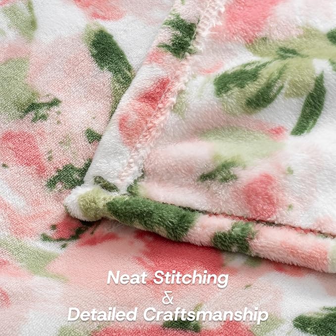Luxury Printed Fleece Warm Throw Blanket, Soft Lightweight Velvety Plush Throw for Couch and Bed, Cozy Comfy for All Seasons(Ivory Pink Flowers, 50×70 Inches)