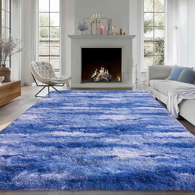 Fluffy Rugs for Bedroom Living Room, 4x6 Feet Abstract Blue Shag Area Rugs, Non-Slip Indoor Modern Fuzzy Plush Floor Carpet for Dorm Nursery Kids Room Decor, Soft Shaggy Throw Rug