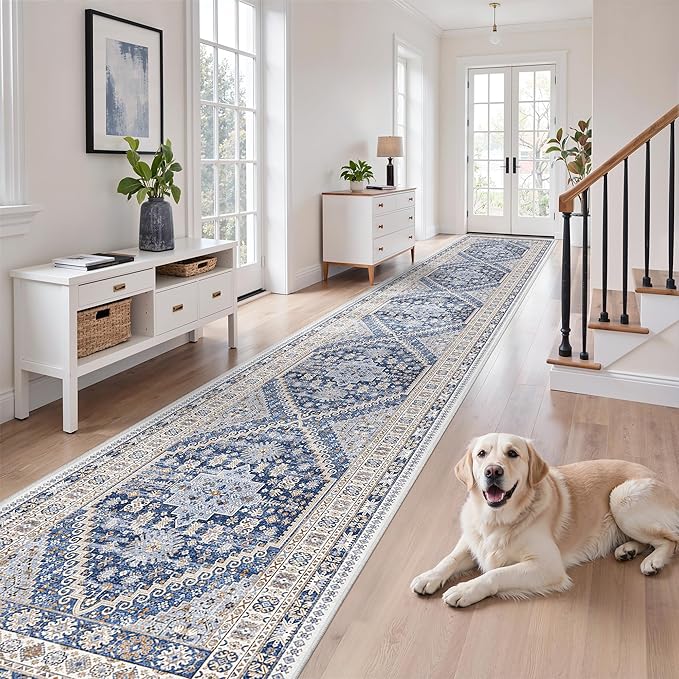 zesthome Washable Runner Rug 2.5x16 - Stain Resistant Entryway Rug,Ultra-Thin Kitchen Rugs, Anti Slip Backing Runner Rugs for Entrance Laundry Room Indoor Hallway (Blue/Beige,2.5'x16')