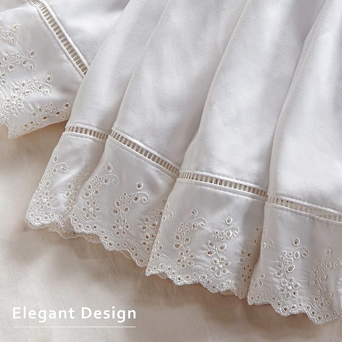 MIYE Wrap Around Ruffled Lace Bed Skirt, Elastic Dust Ruffle with Adjustable Belts,15 Inch Drop Easy to Put On, Bed Frame Cover, Machine Washable (Embroidered, Full/Twin-15)