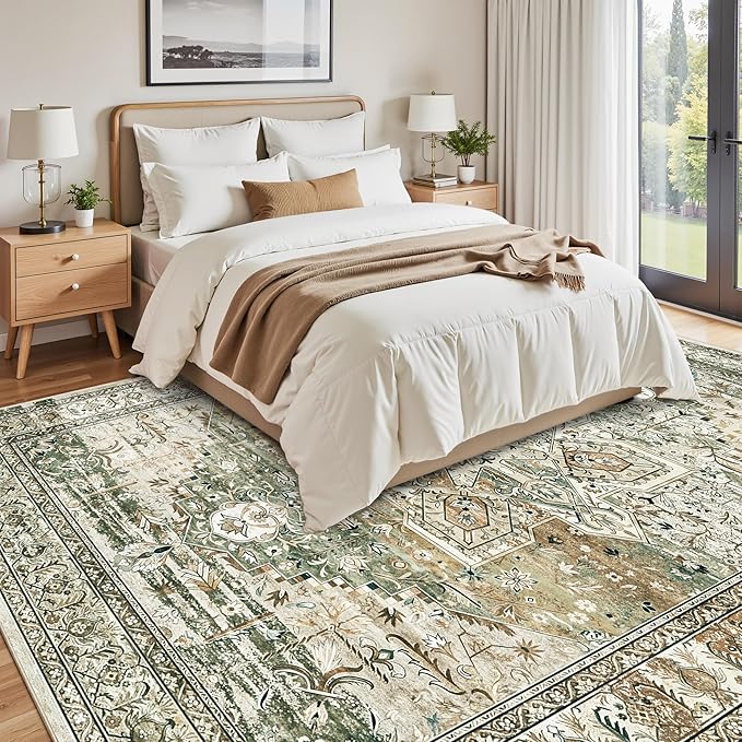 9x12 Area Rugs for Living Room, Non Slip Machine Washable Vintage Rugs, Low Pile Lightweight Large Rug for Bedroom, Dining Room, Home Office Olive