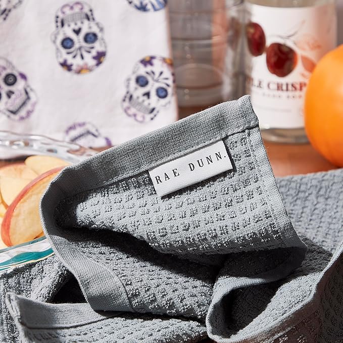 Rae Dunn Set of Hand Towels for Kitchen and Bathroom, 100% Cotton, Embroidered Dish Towels, Decorative Hand Towels, Skulls/Gray, 3 Pack