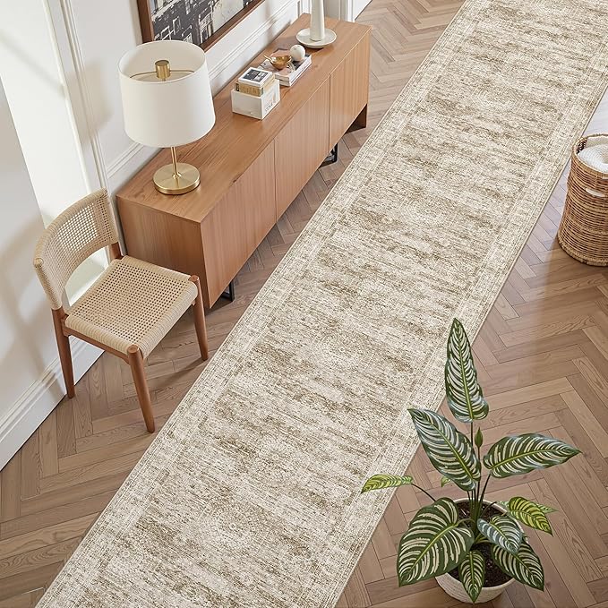 Runner Rug 2'6" x 10' Washable Non-Slip Runner Rugs for Kitchen Bathroom Laundry Room Vintage Ultra Thin Runners for Hallway Entryway Brown