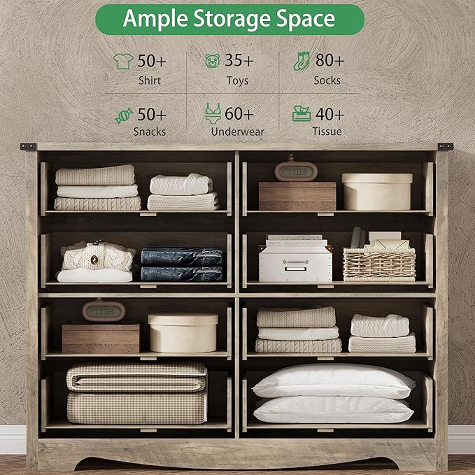 Dresser for Bedroom with 8 Drawers, 54" Wide Wood Chest of Drawers with Deep Drawers & Mental Handle, Modern Dresser TV Stand, Wooden Closet Storage Organizer for Living Room, Hallway, Entryway, Grey