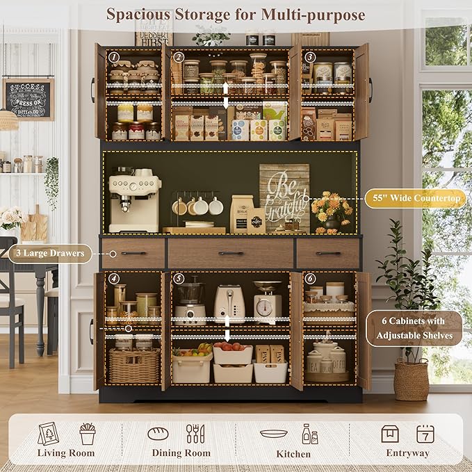 HOSTACK 71" Tall Kitchen Pantry Storage Cabinet with Charging Station, 55" Wide Kitchen Hutch Cabinet with Large Countertop, Farmhouse Food Pantry with Drawers for Living Room (Brown/Black)