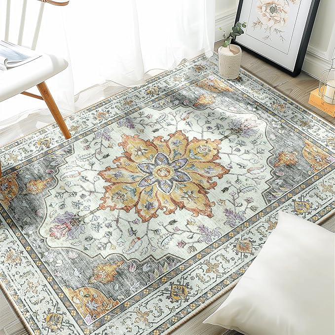 Area Rugs 3'x4' Washable Non-Slip, Floral Vintage Distress Print Pattern Medallion Carpet for Living Room Bedroom Dining Room, Light Yellow Carbon Grey Orange