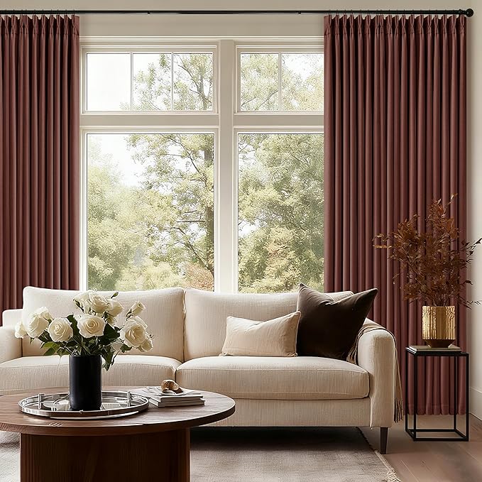 Brick Brown Pinch Pleated Blackout Linen Curtains 120 Inches Long for Living Room Bedroom 2 Panels Room Darkening Thermal Insulated Red Chestnut Country Farmhouse 100% Black Out Window Curtain Drapes