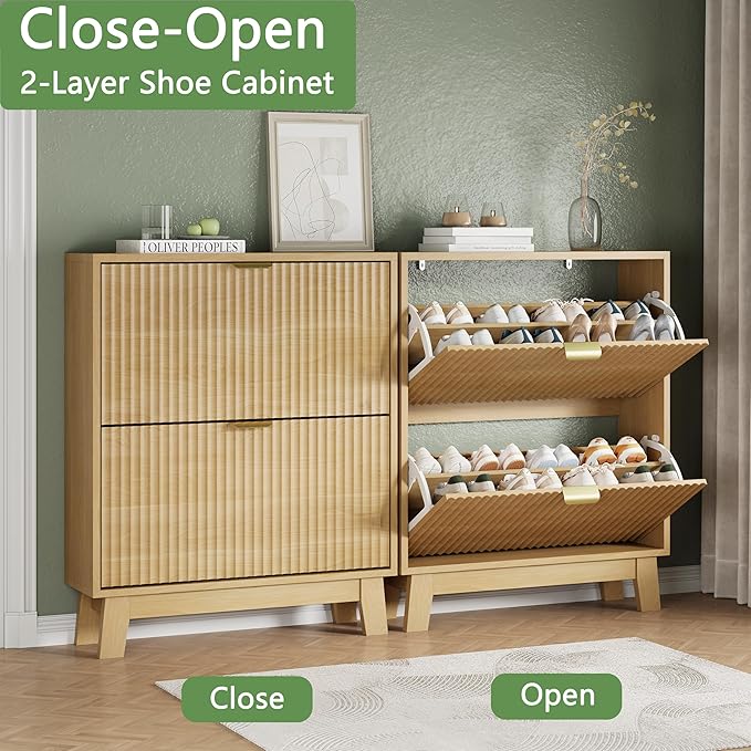 Shoe Cabinet with 2 Flip Drawers, 37" Tall Narrow Fluted Shoe Storage Organizer for Entryway, Hidden Slim Wooden Shoe Rack Cabinet for Front Door Entrance, Hallway, Living Room, Natural Oak