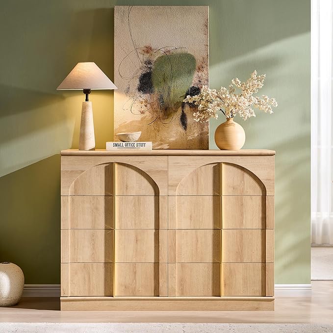 ACCOHOHO Large Dresser for Bedroom with 8 Drawers with Arched Panel,Modern Minimalist Chest of Drawers with Gold Handles,Wood Storage Closet Dressers Tv Stand for Living Room, Hallway,Natural Oak