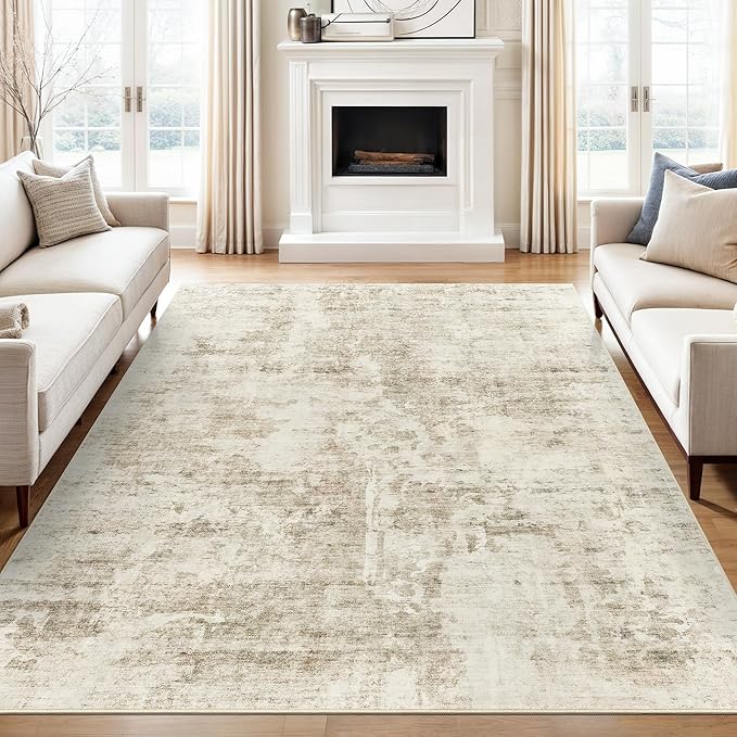 10x14 Area Rugs for Living Room, Non Slip Machine Washable Vintage Carpets, Low Pile Lightweight Large Rug for Bedroom, Dining Room, Home Office Beige Gray