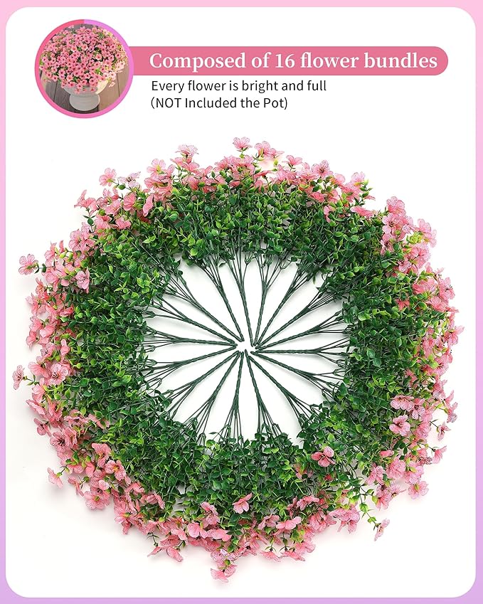 Artificial Flowers for Outdoors Faux Outside Plants Spring Summer Decorations 16 Bundles UV Resistant Silk Daisy Fake Eucalyptus Realistic Used for Yard,Porch,Patio,Window Planter Box Decor