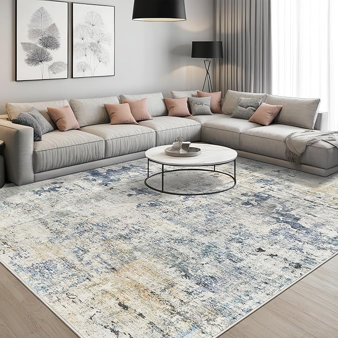 Abstract Rug 8x10 Large Living Room Rugs Neutral Modern Washable Area Rugs for Bedroom Dining Room Non-Slip Stain Resistant Foldable Thin Rug Blue Yellow