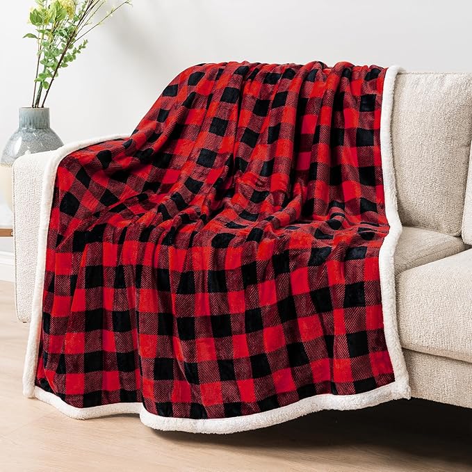 PAVILIA Buffalo Check Sherpa Blanket Throw Queen,Red Black Checkered Flannel Fleece Blanket,Christmas Plaid Warm Plush Microfiber Blanket for Couch Sofa,90x90 Inches