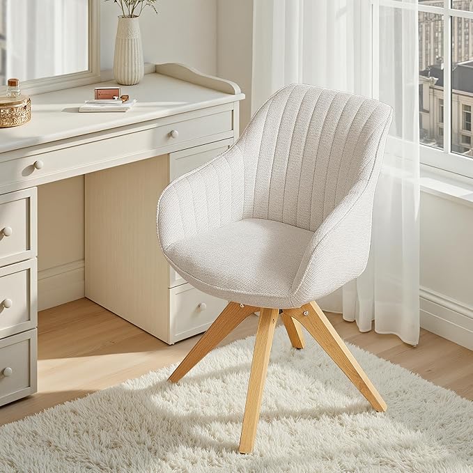 Zouron Accent Chair with Wooden Legs, Swivel Desk Chairs No Wheels, Upholstered Armchair Vanity Chair for Small Space Home Office Living Room Bedroom, Beige and Natural Wood