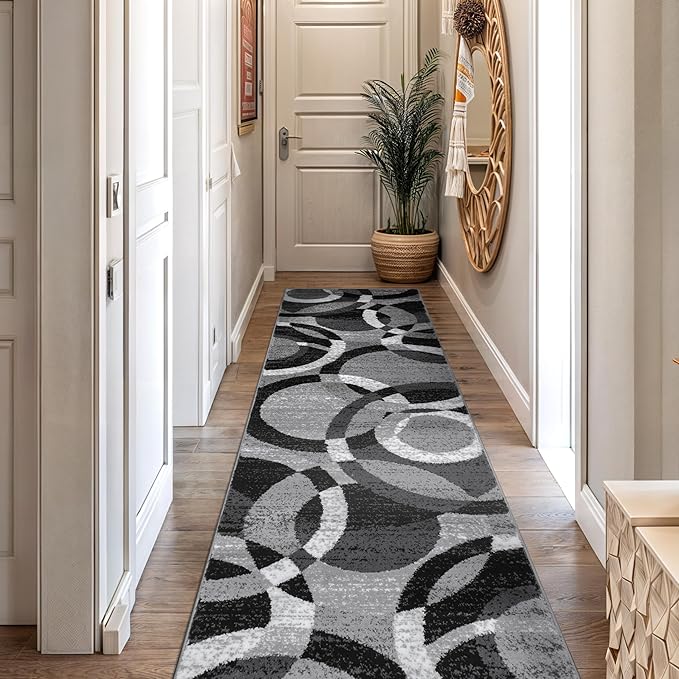 Rugshop Gray Modern Geometric Runner Rug, Abstract Circles, High-Traffic, Non-Shedding, for Hallway, Entryway and Kitchen, 2' x 10'