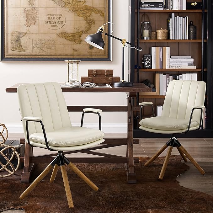 Art Leon Desk Chair No Wheels, Set of 2, Mid Century Modern Swivel Chair with Oak Wood Legs, Faux Leather Home Office Desk Chairs for Bedroom Living Room, Off White